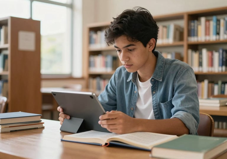 A student in a bright South American library setting, reviewing textbooks and a digital tablet, focused on academic excellence, natural morning light.