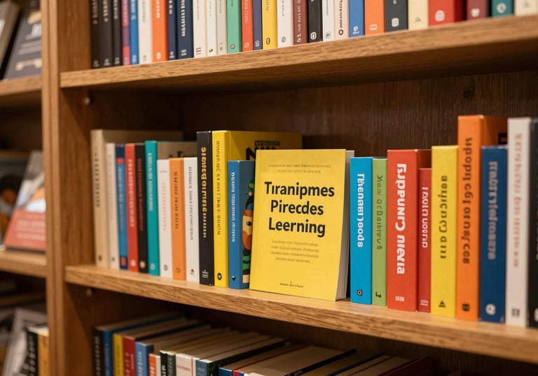 A curated collection of colorful language learning books on a wooden shelf in a boutique bookstore setting in Nova Friburgo, inviting and educational atmosphere.