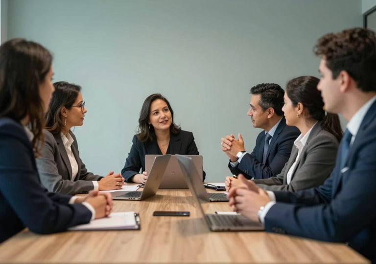 A group of South American professionals in a meeting room in Nova Friburgo participating in a corporate training session, dynamic interaction, soft teal and deep navy lighting.