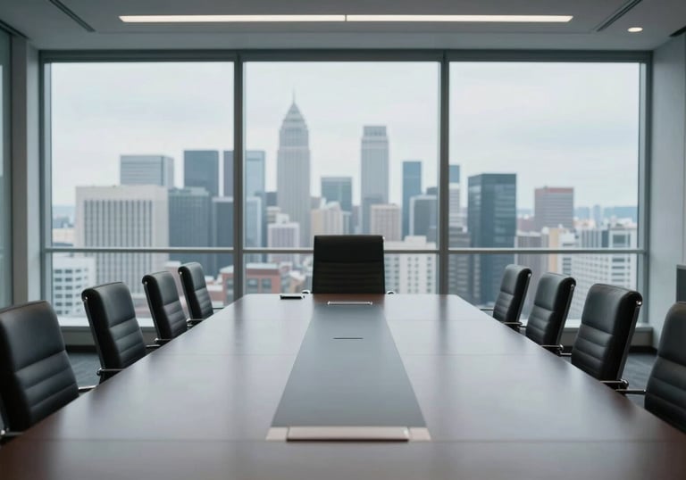 A wide shot of a futuristic boardroom with a large sleek table and views of a pale blue-grey city skyline through floor-to-ceiling windows.