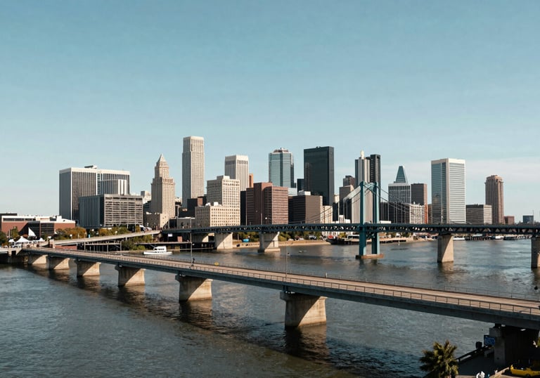 A wide-angle shot of a serene North American cityscape with a focus on bridges and infrastructure, symbolizing strategic connections and strong foundations.