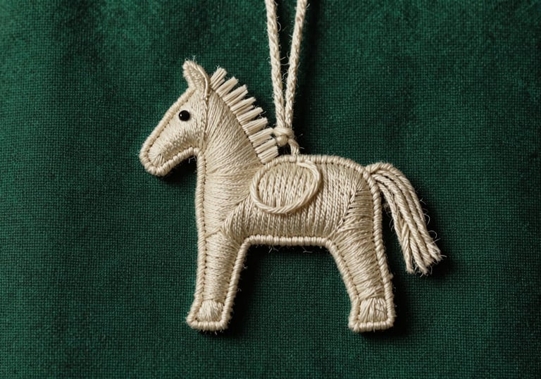 A macro photograph of a handmade textile horse charm. The fabric is a deep forest green with intricate cream-colored embroidery. The composition is centered, highlighting the texture of the weave and the delicate threads.
