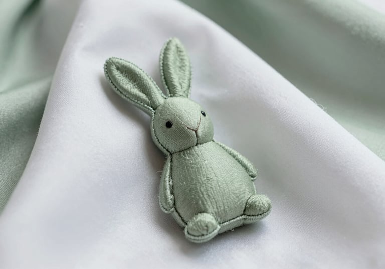 A macro shot of a textile rabbit charm. The style is minimalist and elegant, using muted sage green and white silk fabrics. The focus is on the handmade quality and the soft texture of the textile.