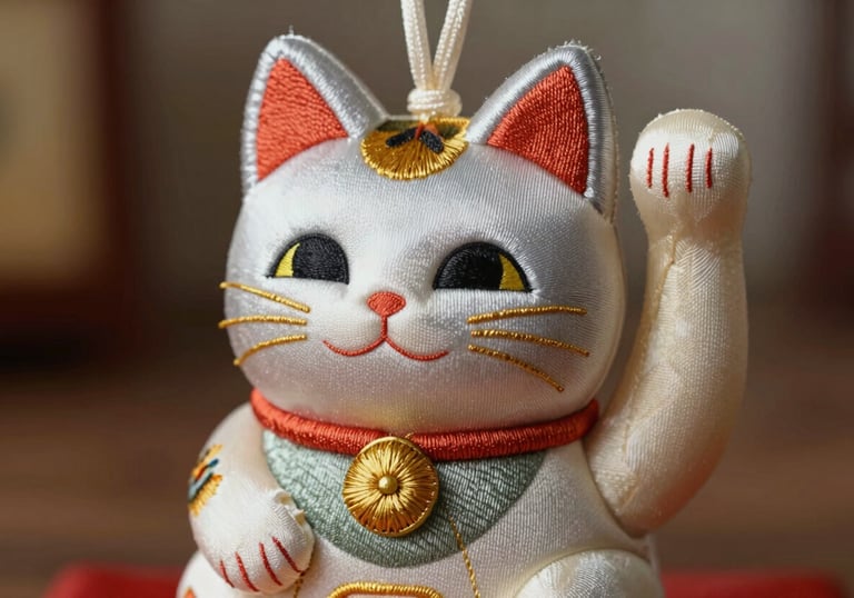 A close-up photograph of a handmade lucky cat (Maneki-neko) textile charm. The charm is crafted from soft silver sage and warm cream silk. It features delicate golden-yellow embroidery details and a small silk cord.