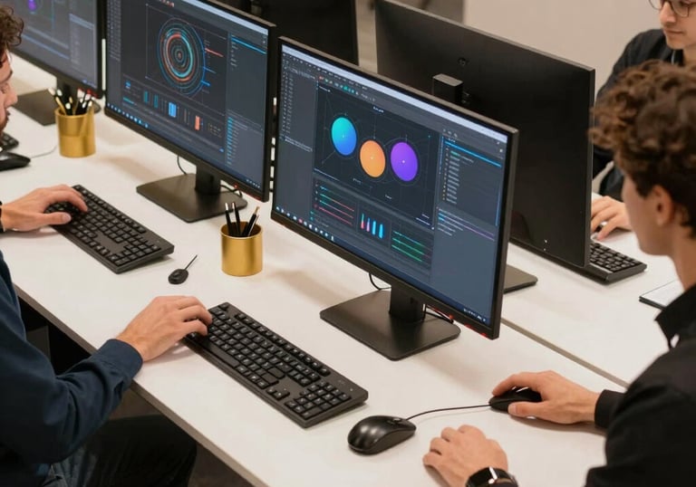 A creative workspace with branding materials and social media content planning.