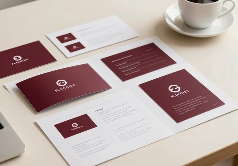 A minimalist studio desk with brand manual printouts and a cup of coffee. Warm natural lighting, cream and burgundy color palette, elegant and professional composition.