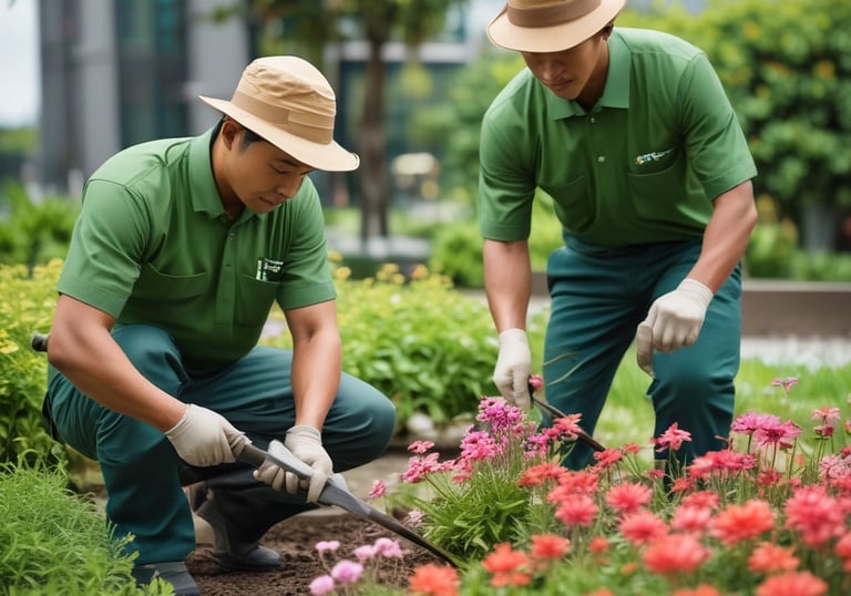A gardener trimming bushes and watering plants in a well-kept garden.