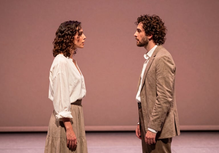 Two actors in an intense dialogue on a minimalist stage, wearing elegant Southern European attire, lit from the side with a warm, dusty rose hue.