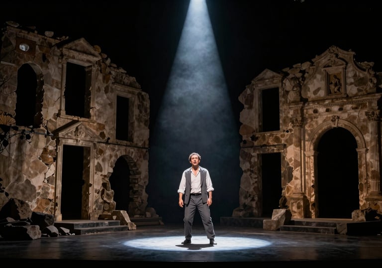 A dramatic stage scene with a solitary actor under a spotlight, surrounded by shadows and architectural ruins of a Southern European setting, theatrical and expressive.