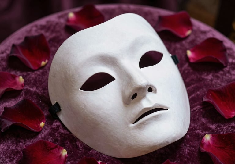 A close-up of a dramatic theatre mask lying on a velvet cushion, surrounded by rose petals in shades of deep mauve and dark plum, elegant photography style.