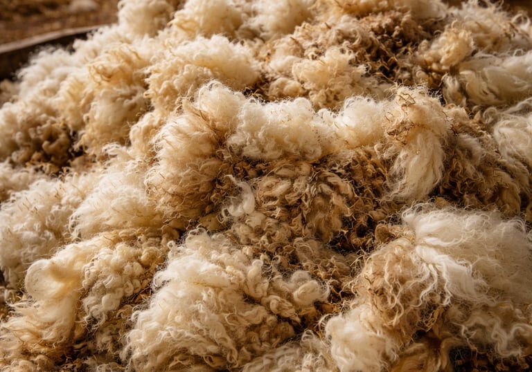 Primer plano de vellón de lana cruda en una caja de madera con ovejas en un fondo de granero rústico