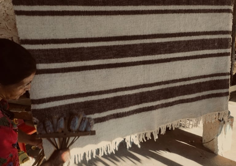 Una mujer cepilla una alfombra de lana a rayas tejida a mano que cuelga en un taller rústico tradici