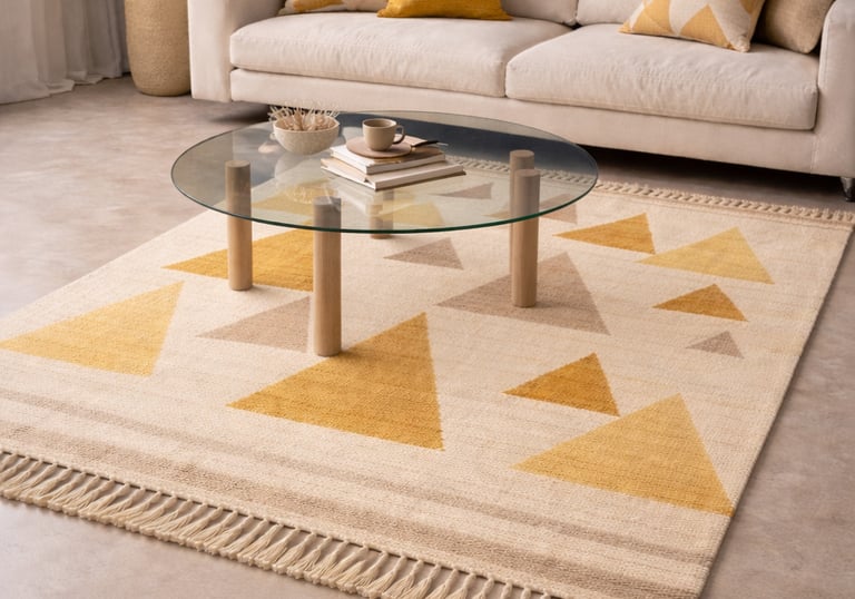 Sala de estar moderna con una alfombra geométrica en forma de triángulo amarillo debajo de una mesa 