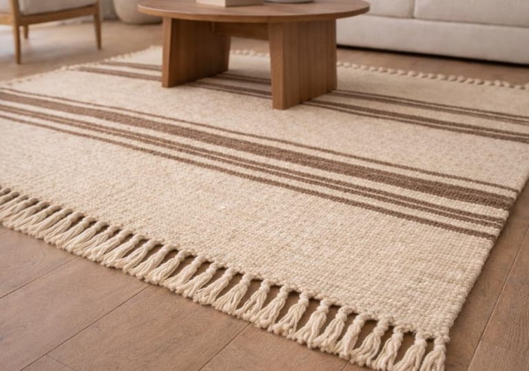 Alfombra tejida a mano de rayas neutras con flecos en un espacio de sala moderna y minimalista.