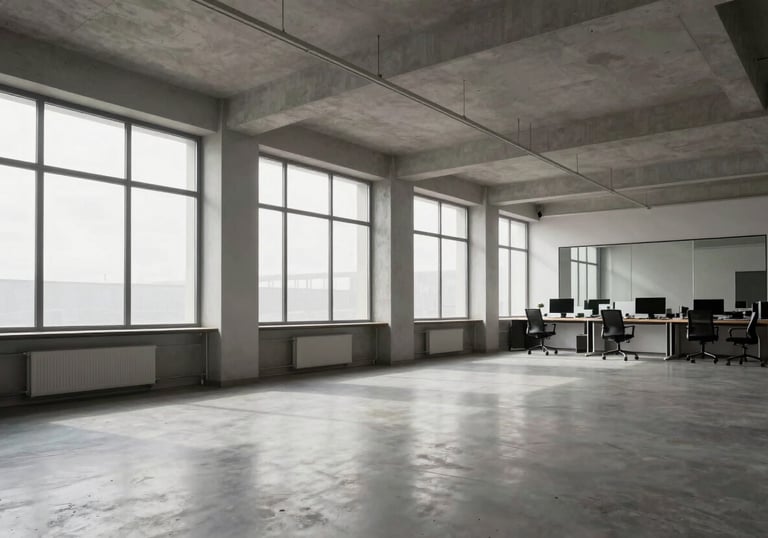 A wide-angle professional photograph of a clean, minimalist design studio with large windows and high ceilings, reflecting a modern creative work environment.