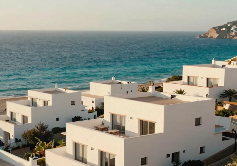 A beautiful coastal residential area in Spain with turquoise Mediterranean waters in the background and modern white villas. Soft morning light, inviting and premium feel.