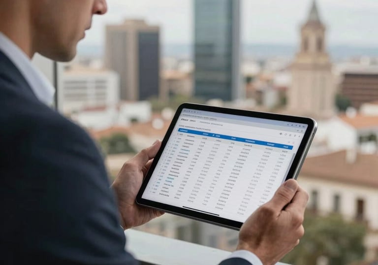 An investor in smart casual attire reviewing property market data on a high-end tablet, with a blurred view of a Spanish business district in the background. Sharp focus, professional lighting, Southern European / Spanish context.
