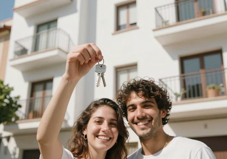 A happy young couple holding keys in front of a contemporary Spanish apartment building with bright white walls. Sunny day, joyful and successful atmosphere, Southern European / Spanish setting.