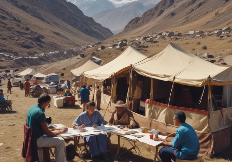 Relief workers distributing supplies after a flood in a Uttarakhand community.