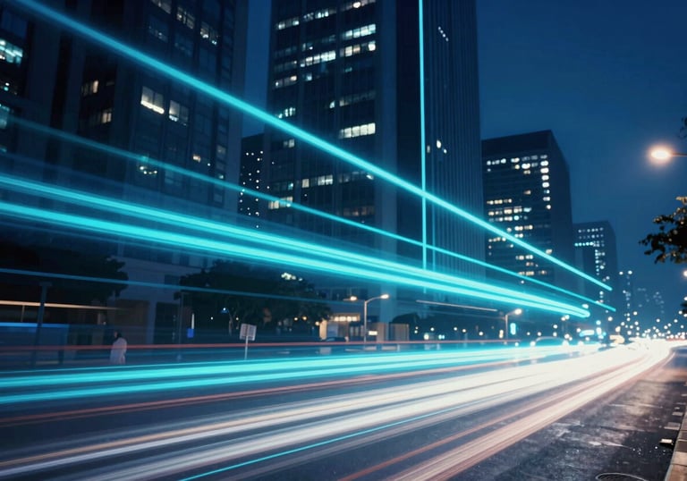 Abstract photography of glowing light trails in dark blue and cyan, representing high-speed data and connectivity in a modern Brazilian business district.