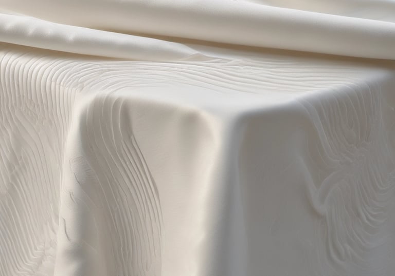 Soft white and pastel linens draped over tables, glowing warmly in natural light.