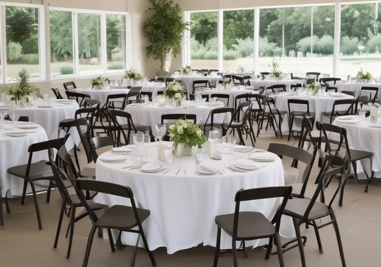 A rustic wooden table beautifully set up with tableware and linens for an outdoor party.