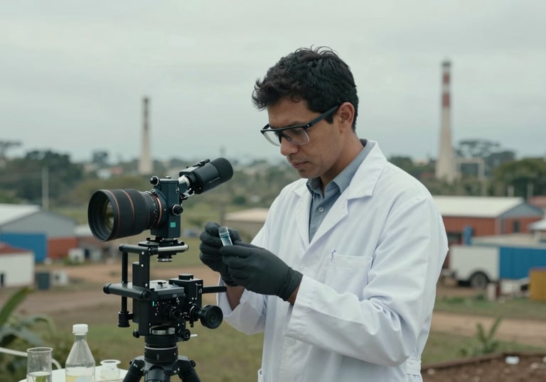 An environmental scientist taking samples in a South American / Brazilian industrial area, using professional gear, muted slate blue and pale misty white tones.