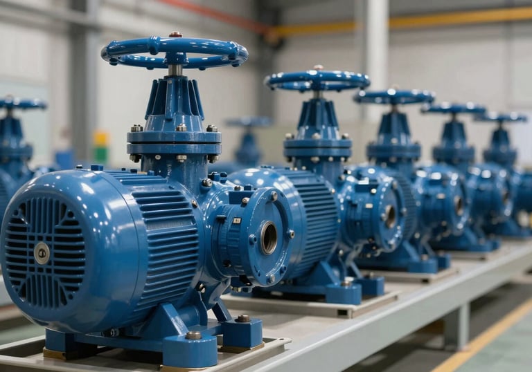 A row of modern, well-maintained industrial pumps and valves in a facility, colored in professional steel blue and light grey.