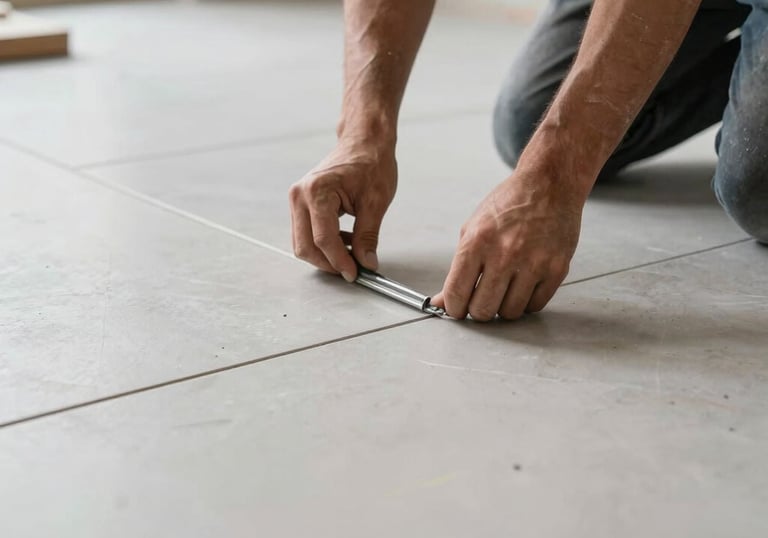 Detail of high-end floor tiling being installed precisely, professional handyman hands visible, clean and modern construction site.