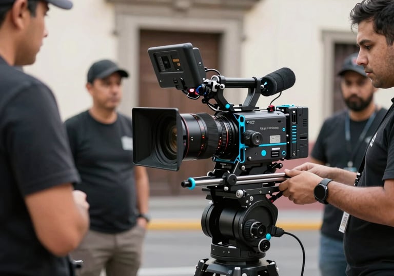 A cinematic shot of a professional video production set in Mexico City. North American / Mexican crew members are visible. Modern equipment with bright cyan and deep charcoal black accents.
