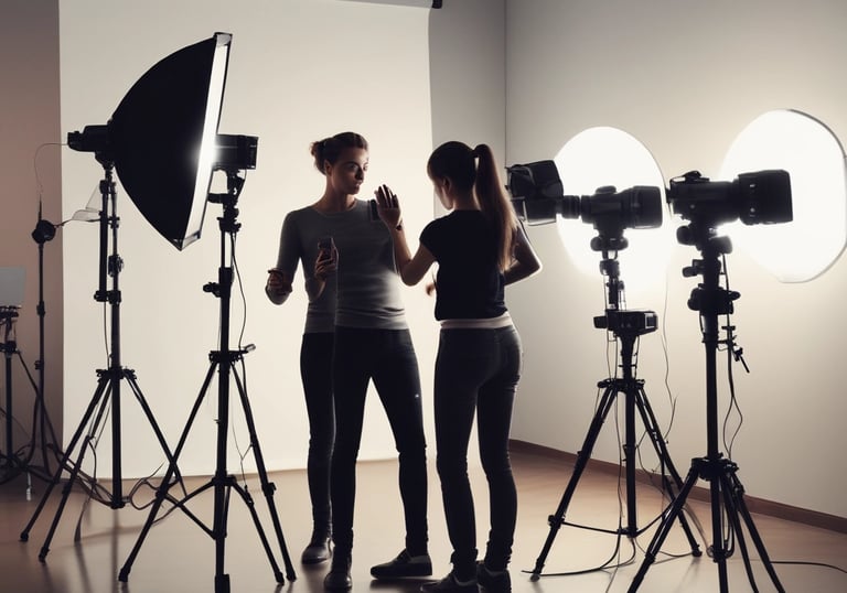 A vibrant office space where creative professionals collaborate on media projects.