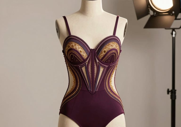 Professional studio photography of a high-end bodysuit with intricate detailing, displayed on a mannequin. Clean, warm off-white background with professional lighting typical of a European boutique. Colors include deep plum and golden sand accents.