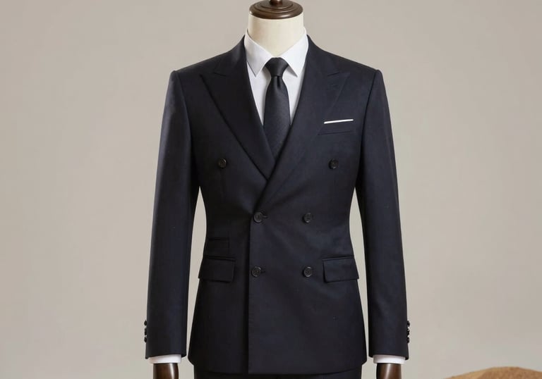 Fashion photography of a stylish roleplay costume with high-quality materials and sophisticated design. The composition is clean and modern, set against a neutral, luxurious studio background with golden sand lighting accents.