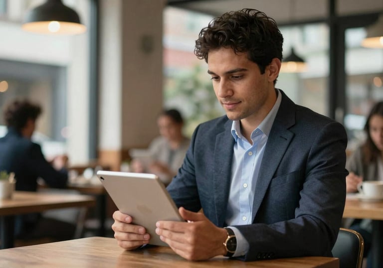 A successful North American entrepreneur in a smart-casual outfit, standing in a brightly lit urban cafe, looking confidently at a tablet.