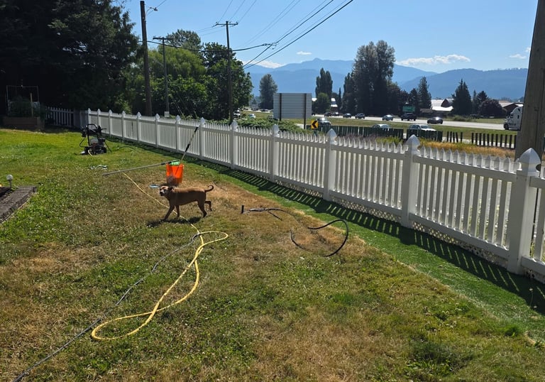 Pressure washing cleaning outdoor walkways and exterior surfaces
