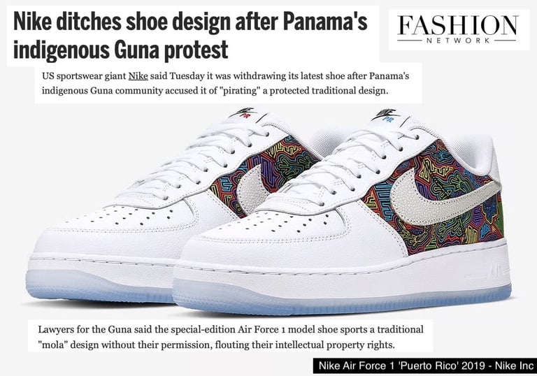White Nike Air Force 1 sneakers featuring a colorful mola pattern inspired by Panama's indigenous Guna people.