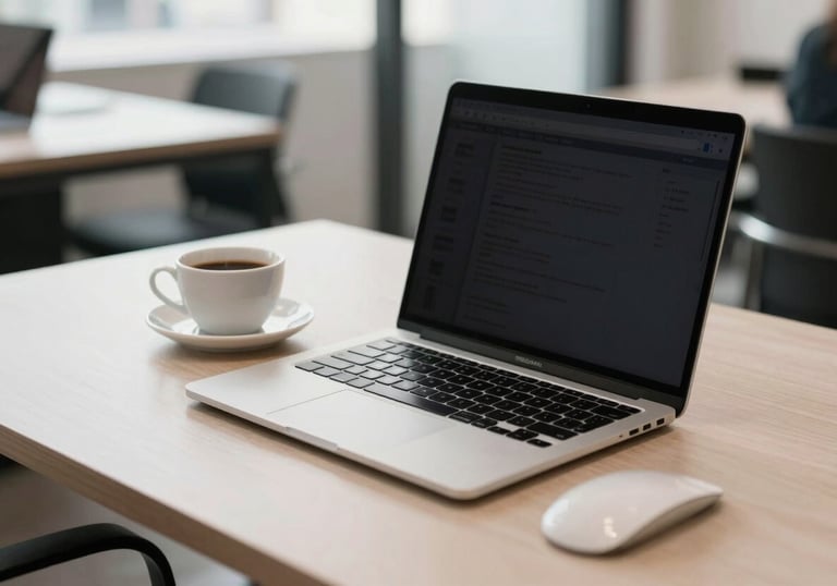 A high-tech, clean desk with a modern slim laptop and a cup of coffee. The environment is a professional co-working space in Lisbon, with soft lighting and an efficient vibe.
