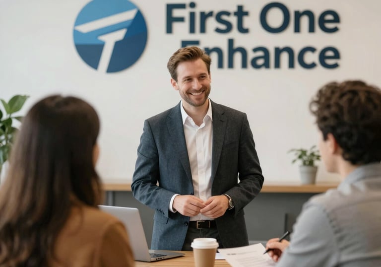 A confident advisor smiling while meeting with clients in a cozy office setting.