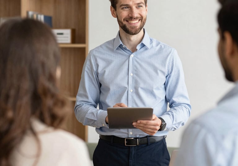 A friendly advisor discussing insurance plans with a client in a bright office.