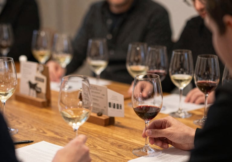 Elegant wine glasses filled with red wine against a minimalist black and burgundy backdrop.