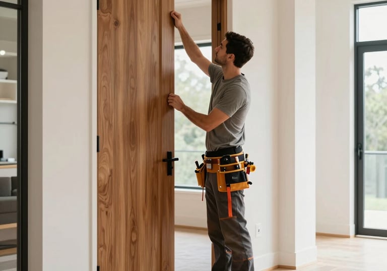 A craftsman carefully restoring an intricate wooden door frame in a bright room.