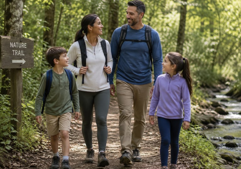 Family taking a nature walk, one of many free things to do with family while enjoying the outdoors.