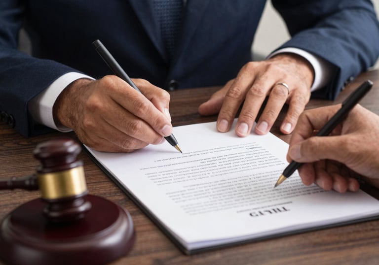 A professional portrait style photo of a Brazilian legal professional's hands signing an official document, emphasizing trust, commitment, and the finality of justice.