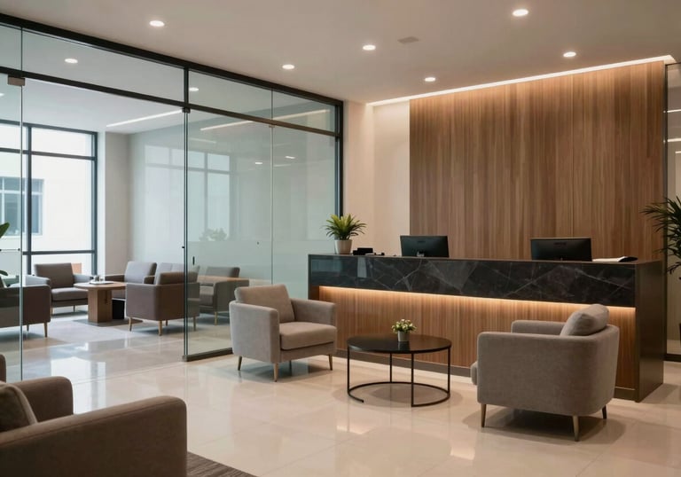 Interior of a modern South American law firm reception area, with clean glass lines, comfortable furniture in neutral tones, and a professional, welcoming atmosphere.