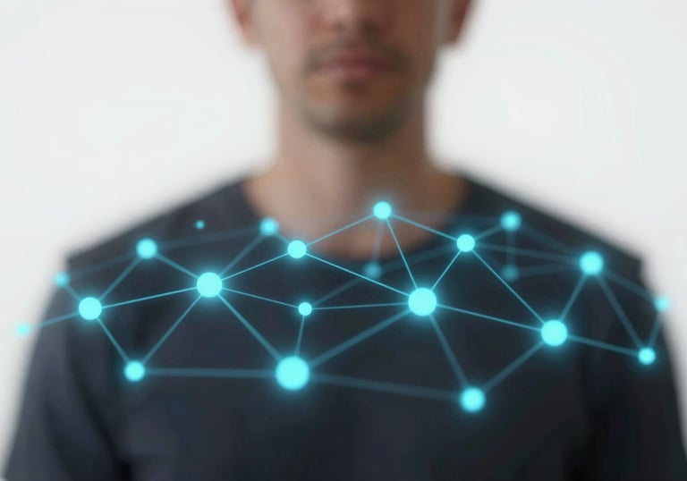 An abstract conceptual image of digital connectivity nodes and lines glowing in #7DA9CD and #3A6389 against a clean #F0F5F8 white background.