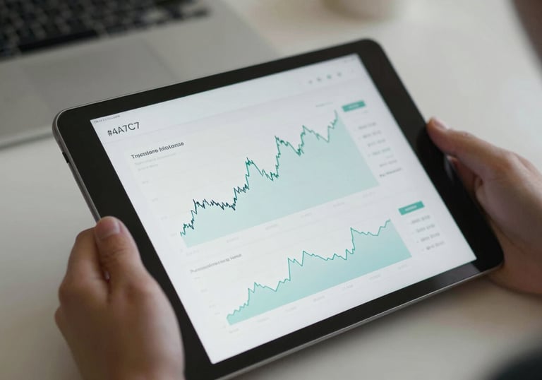 Close-up of a person using a sleek tablet displaying clean financial charts. Minimalist setting with professional lighting and #4A7C7F accents.