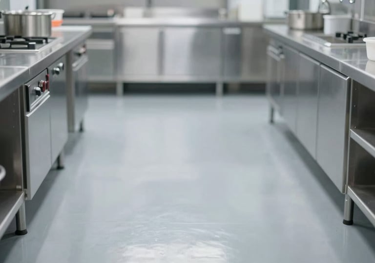 A sparkling clean commercial kitchen floor and baseboards, reflecting a sterile and pest-free environment under bright lights.