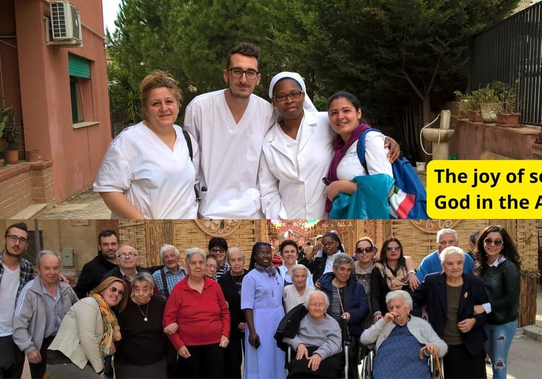 Caregivers and nursing staff smiling with elderly residents at a senior care home community.