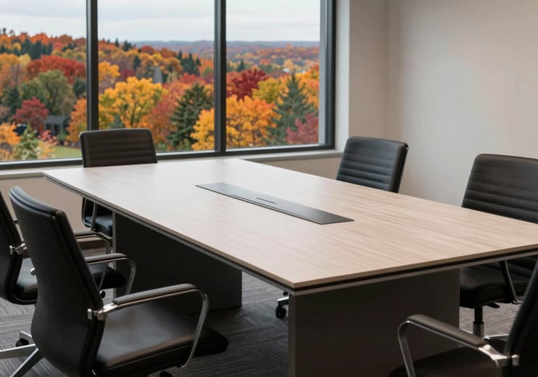A clean, minimalist meeting table in an office overlooking a Wisconsin autumn landscape with vibrant foliage, high-end professional atmosphere.