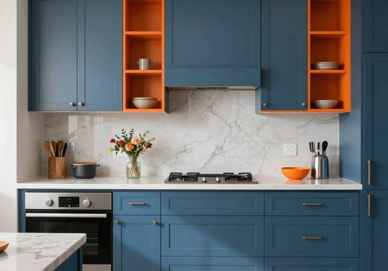 A high-resolution photo of a finished modern kitchen in North American / US (Los Angeles), showcasing steel blue cabinetry and bright construction orange decor accents.